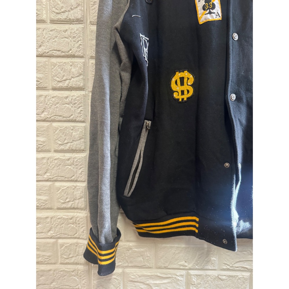 Red Ape Authentic Varsity Jacket Mens 3XL Black Grey Yellow Patch Bomber Fleece - Picture 3 of 8
